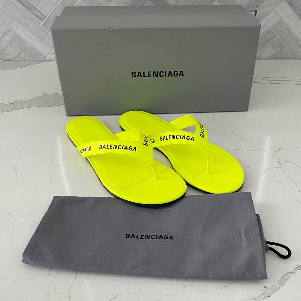 Authentic Balenciaga Neon Yellow Logo Thong Sandals